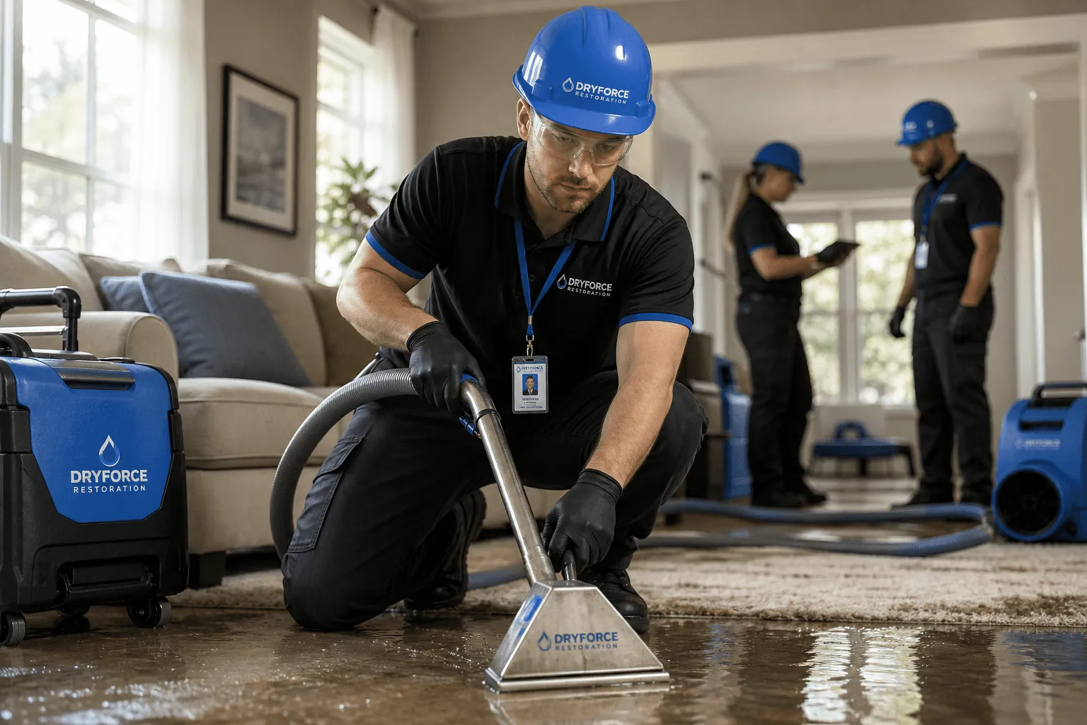 Technician in protective gear using water extraction equipment in a residential water damage restoration scene