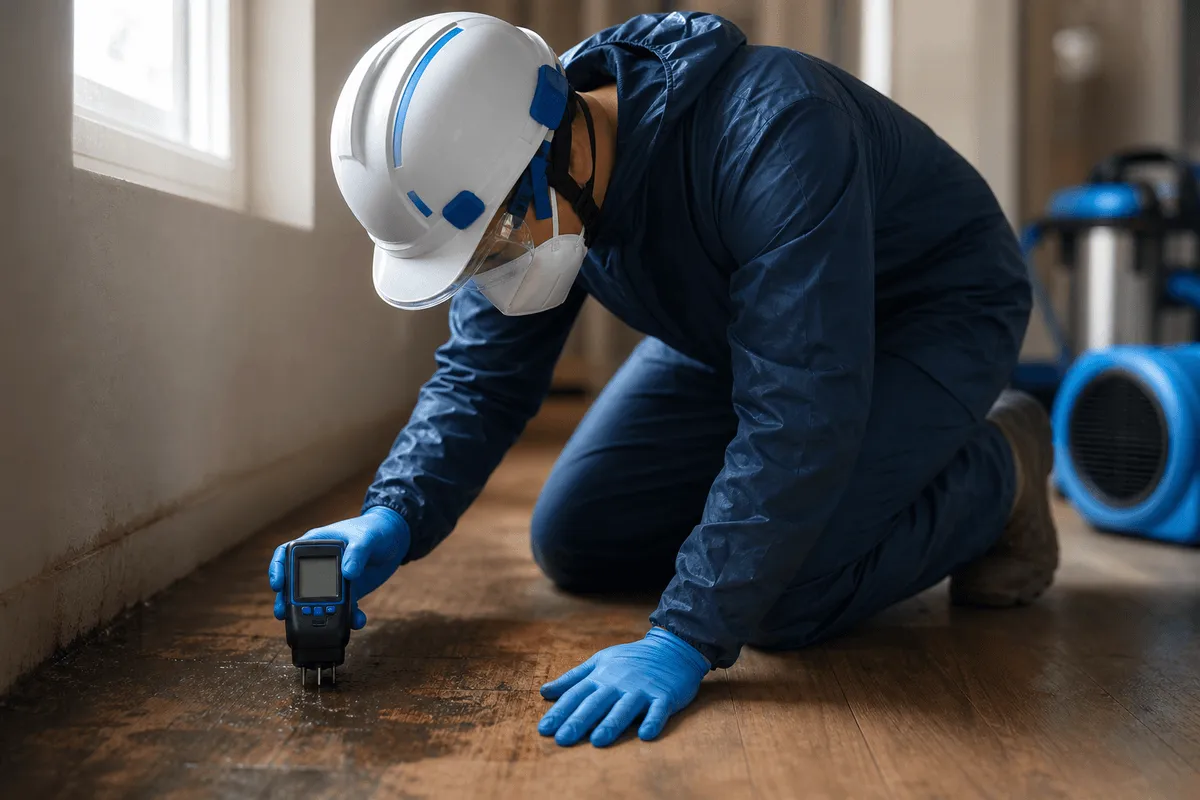 Close-up of technician measuring moisture on stained wooden floor during water damage restoration