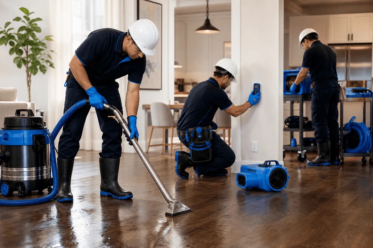 Close-up of technician measuring moisture on stained wooden floor during water damage restoration